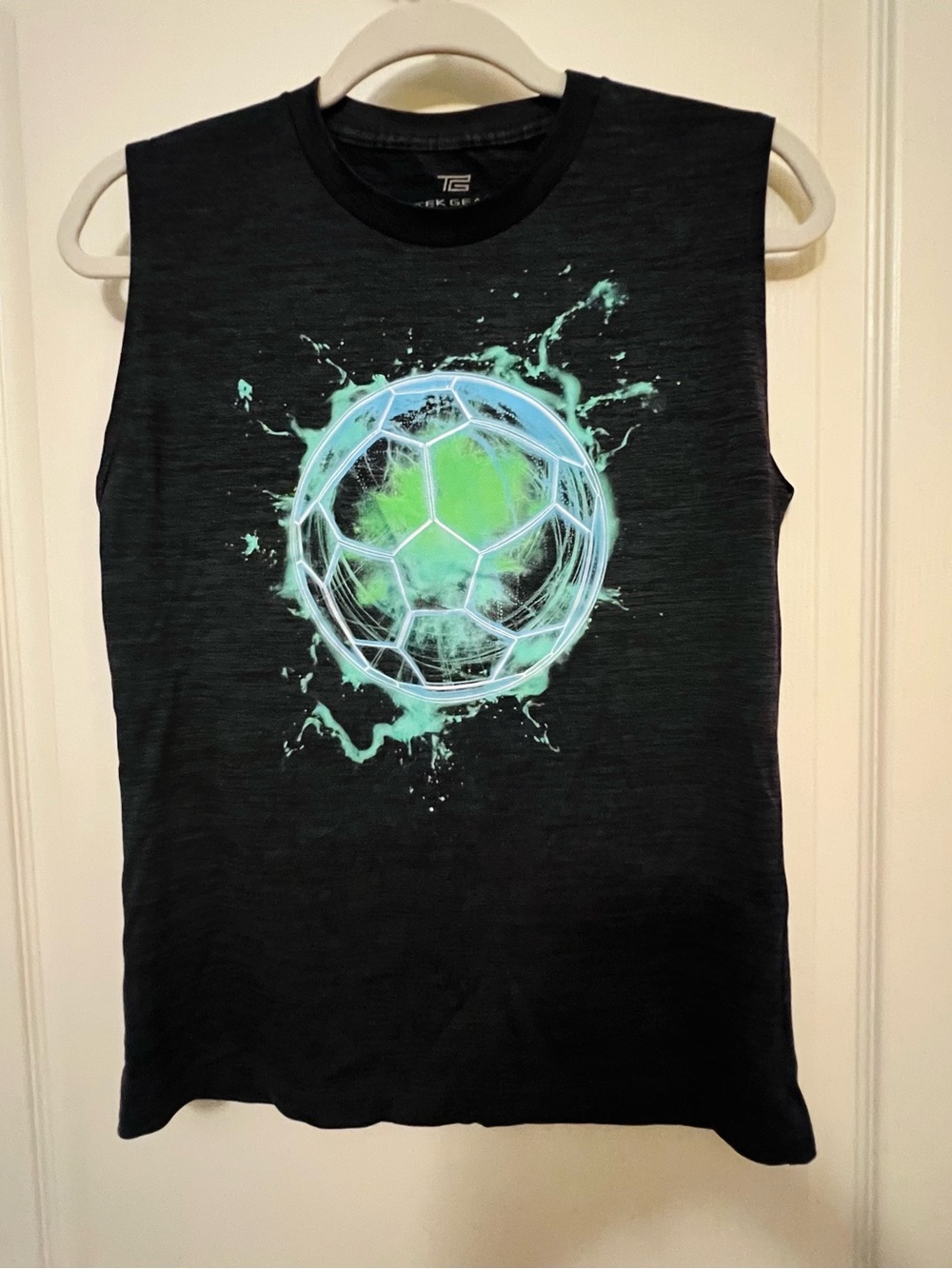 tek gear Black Tank Top with Neon Green Soccer Splash Graphic